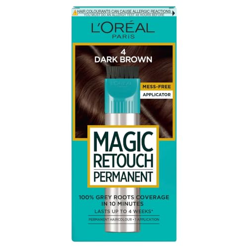 LOréal Paris Magic Retouch Instant Root Spray Dark Brown 4. Delivers flawless coverage for grey regrowth in 3 sec. 75ml Dark Brown 4 shade provides a quick easy natural-looking solution for roots.