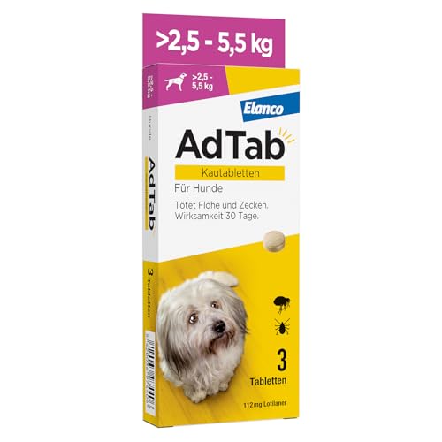 AdTab Hunde Zecken- und Flohschutz (über 2,5 bis 5,5 kg), Kautablette tötet Zecken und Flöhe schnell ab und schützt einen Monat lang, leicht zu verabreichen (3 St. pro Packung)