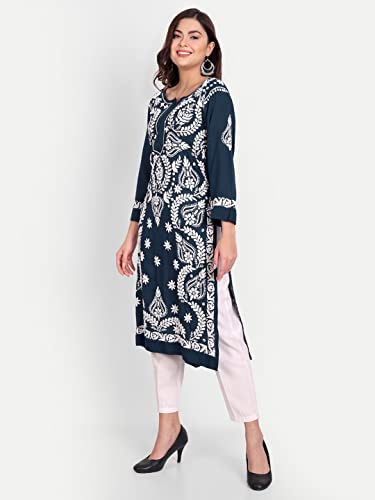 Image of indiankala4u Women's Hand Embroidered Chikankari Kurta for Women | Modal Cotton Straight Kurti | Lucknowi Chikan Work Ethnic Kurta | Full Sleeve Festive Office Wear