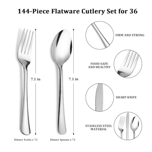 Image of Forks and Spoons Silverware Set-144PCS Dinner Forks &Dinner Spoons | 72 Forks and 72 Spoons Food Grade Stainless Steel Flatware Cutlery Set for Home, Kitchen and Restaurant, Dishwasher Safe
