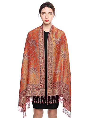 Elegante Bufanda Estampada para Mujer Lujoso Chal Cálido con Borla Suave Pashmina Estilo Paisley Étnico Uso en Otoño Invierno 200 * 70cm/(7-Rojo anaranjado)