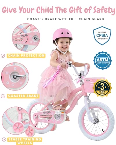 Image of bicystar Girls Bike Ages 2-8, 12-18 Inch with Training Wheels, Pink /Blue | Removable training wheels, basket and streamers, carbon steel frame, adjustable seat & handlebar, coaster or hand brake