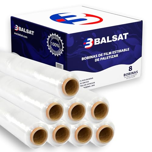 BALSAT | 8 Bobinas de film estirable de paletizar | Paquete ahorro de 8 Bobinas | Negro o Transparente | Calidad profesional | Ancho de bobina 50 cm | 23 My (Transparente)