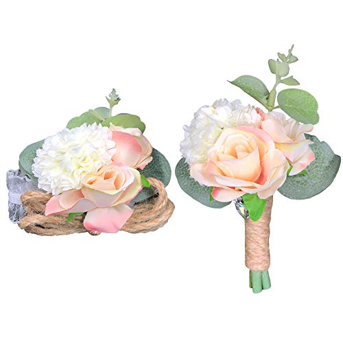 Abbie Home 5pcs Wedding Bouquet Kit - Artificial Roses Peony Lily Bridal Flowers Wrist Corsage Boutonnier Set - Thumbnail 3