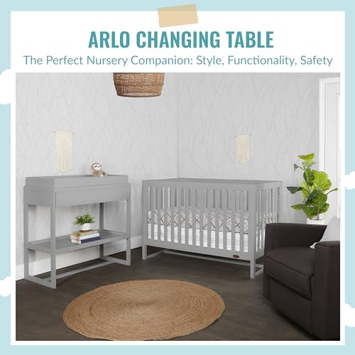 Image of Dream On Me Arlo Changing Table with Pad & Safety Strap - Pebble Grey | Solid New Zealand Pinewood, Non-Toxic Finish, Spacious Fixed Storage Shelf for Diapers, Water-Resistant 1 inch Pad