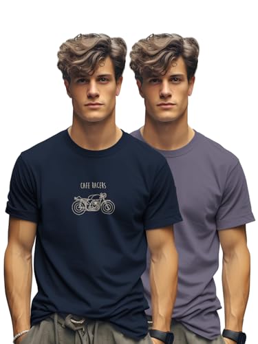Image of BULLMER Trendy Printed Cotton Blend Crew Neck /Round Neck Half Sleeve Tshirt for Men- Pack of 2