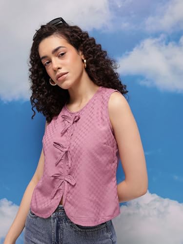 Image of Amazon Brand - INKAST Women Textured Sleeveless Peplum Tunic Top|Round Neck Multi-Tie Front Blouse|Casual Wear|