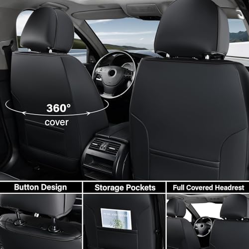 Image of Coverado Car Seat Covers Full Set, Black Seat Covers for Cars, Waterproof Nappa Leather Automotive Seat Covers with Lumbar Head Pillow, Car Seat Protectors, Universal Fit for Most Cars SUV