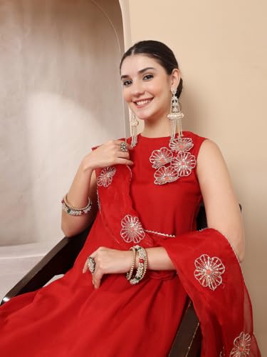 Image of Stylum Women's Solid & Embellished Rayon Flared Kurta Palazzo Dupatta Set