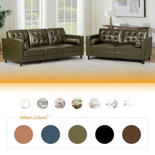 Image of 84 inch Premium Faux Leather 3-Seat Sofa w /2 Bolster Pillows and Tufted Backrest, Mid-Century Modern Sofa, Luxury Couch for Living Room, Bedroom, Office, Olive Green