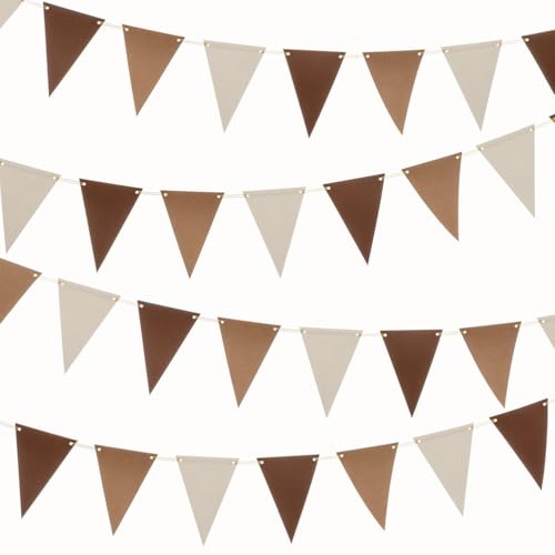Image of MOWO Brown Kraft Ivory Pennant Banner Paper Bunting, 30pc, 20 feet | Hanging Decoration, Neutral Baby Shower Birthday Wedding Graduation Retirement Party, Pack of 30 Counts Pennant, 20 feet