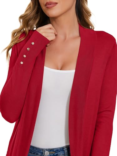 Image of Women Long Knit Cardigan Lightweight Open Front Sweaters | Capsule Wardrobe for Women, Relaxed fit, Buttoned Ribbed cuffs, Dressy Business Casual , for spring early fall office work