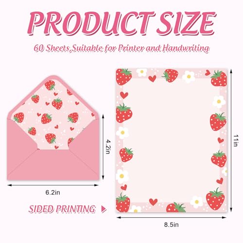 Whaline 60 Strawberry Stationery Paper Set Red Pink Strawberry Flower Letter Writing Paper with Envelopes for Birthday Baby Shower Invitation Office Printing, 8.5 x 11 Inch - Image 3