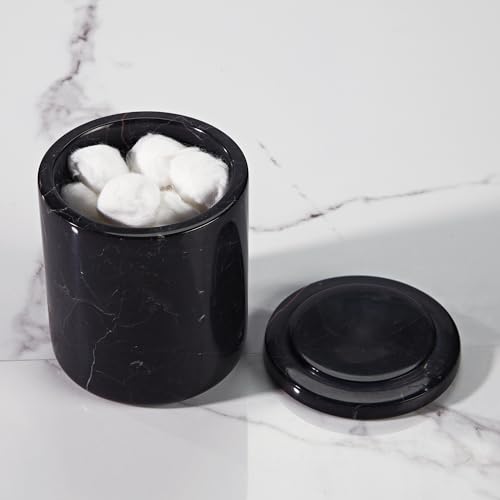 Black Marble Canister with Lid, Natural Marble Bathroom Qtip Holder Storage, 3.75 Inch Dia x 4.5 Inch Ht High Capacity Damp Proof Container for Cotton Swabs, Jewery, Bathroom Bath Salt