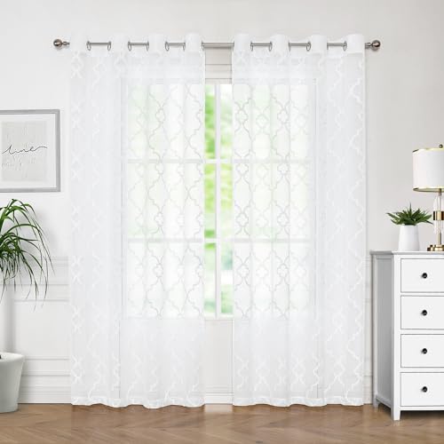 Urban Lotus EM-MRC84V2WH White Sheer Curtains For Bedroom Living Room 84 Inches Long Lattice Geometric Embroidered Semi Sheer Curtain Panels Linen Textured Moroccan Voile Window Treatment Sets cover