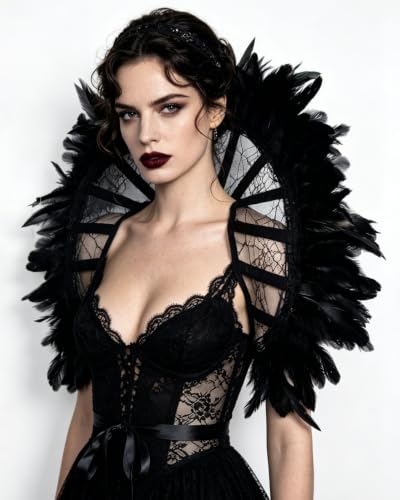 Feather Lace Shoulder Cape Gothic Stand up Collar for Halloween (Black) - image 2