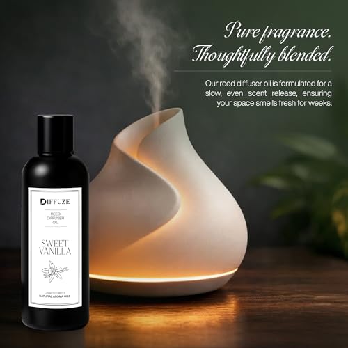 Image of DIFFUZE Sweet Vanilla Essential Oil Reed Diffuser Refill with 10 Fibre Reed Sticks | Warm Aroma Oil & Fragrance Oil | Diffuser Oil for Home Fragrance | Essential Oil Diffuser for Home