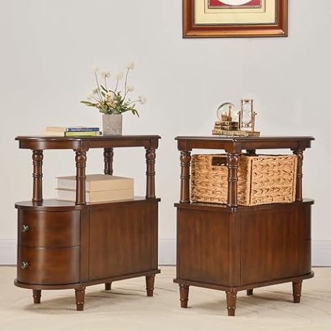 2 Set of Wood End Table with 2 Drawers and Storage Shelf, Narrow Sofa Side Table for Living Room, Vintage Slim Nightstand Bedside Table for Bedroom, Slim Chair Side Table Cherry Walnut A508CY Cover