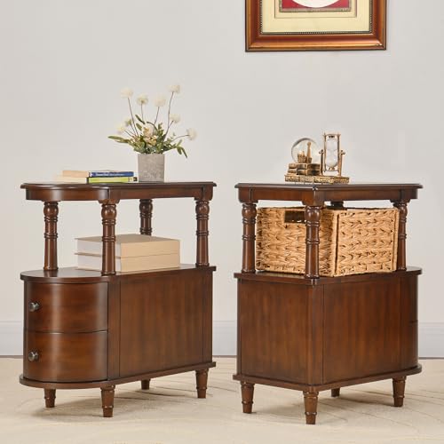 2er-Set Schmaler Beistelltisch mit 2 Schubladen und Stauraum, Retro Vintage Sofa-Beistelltisch, Holz-Telefontisch für Wohnzimmer, 29L x 59,5B x 64,2H cm, werkzeuglose Montage, Kirschbraun BG-A508-CY