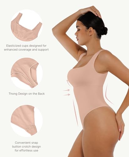 Image of FeelinGirl Bodysuits for Women Seamless Square Neck Tummy Control Compression Thong Shapewear Bodysuit Tank Tops Bodysuit