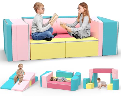 Image of BIERUM Kids Couch, 12PCS Modular Kids Play Sofa with Blanket, Color-Blocking Toddler Couch for Playroom, Convertible Kids Foam Climbing Play Set, Imaginative Creative Play Sofa for Boys & Girls