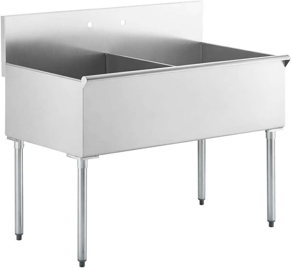 Commercial Stainless Steel Utility Sink with Backsplash, Dual 24" x 24" x 14" Deep Bowls, 16-Gauge Construction - for Janitorial Area, Commercial Kitchen, Garage, Laundry Room