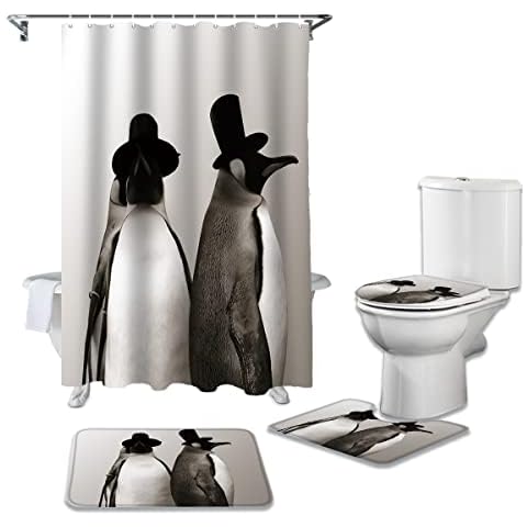 4 PcsShower Curtain Set With 12 Hooks Animal Cute Penguin With Non-Slip Carpet Toilet Cover Bath Mat Durable Waterproof For Bathroom Decor Set Cover