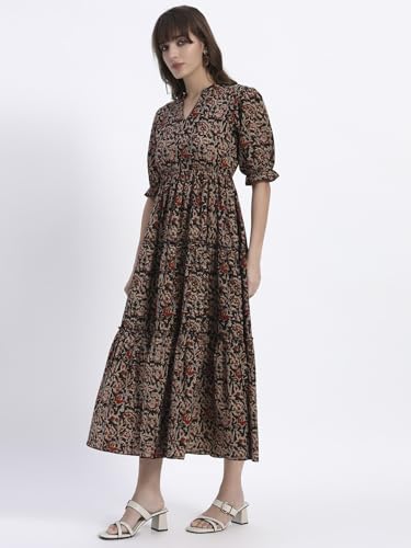 Image of Women's Fit and Flare Dress I Pure Cotton Long Summer Maxi Dress I V-Neck I Casual Wear I Printed Kalamkari Floral Middi