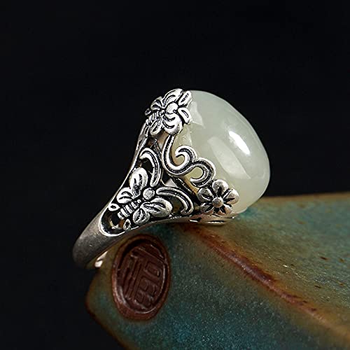 Bague ajustable pour femme anneau ouvert vintage fleur papillon jade naturel