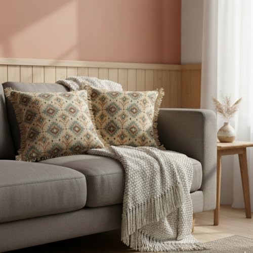 Image of Cotton Cushion Covers 16x16 Inch | Set of 2 | Handwoven Printed Brown Decorative Square Cushion Case with Fringe | Sofa, Living Room, Bedroom, Diwan Home Decor Throw Cushion Cover