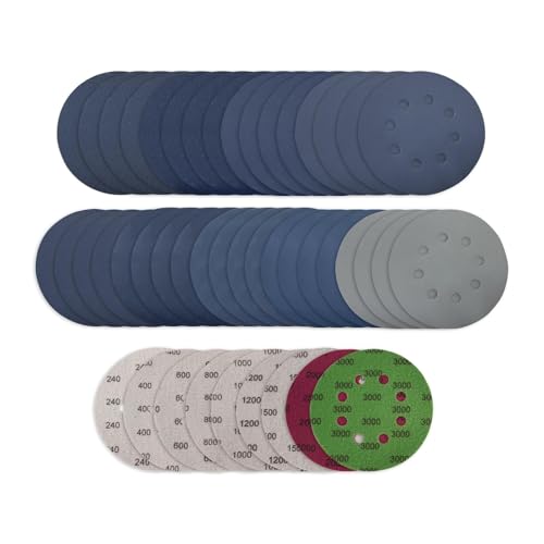 Viaky 36Pcs 125mm Sanding Discs, Wet Dry 5 Inch 8 Hole Hook and Loop 240 400 600 800 1000 1200 1500 2000 3000 Grit Round Sanding Pads, Orbital Sander Discs for Wood, Metal, Car, Furniture, Polishing