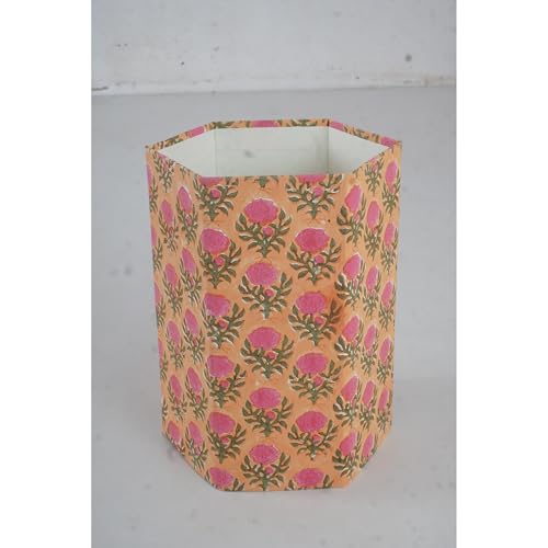 Image of Floral Hand Block Printed 3.3 Gallon Decorative Waste Basket - Eco-Friendly Cardboard Trash Can, Plastic-Free & Sustainable, Perfect for Christmas and Housewarming Gifts (1, Rose FLOWAR)