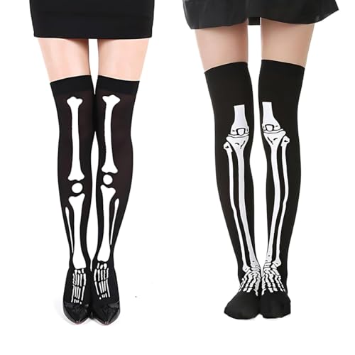 UIEXAY 2 pares meias de esqueleto de Halloween para mulher, dia dos mortos, meias de osso preto e branco, calças elásticas, ossos assustadores, acessórios para disfarce de Halloween