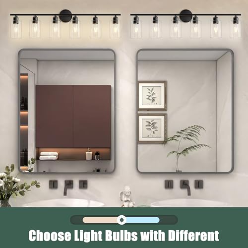 Image of 6 Lights Bathroom Vanity Light Fixtures Matte Black,Rustic Farmhouse Vanity Lighting Over Mirror Modern Industrial Lamp with Cylinder Glass Shade UL Certified