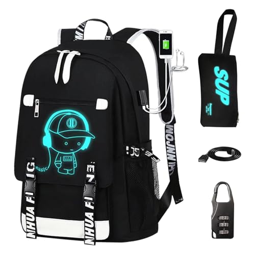Luminous Pattern Travel Laptop Backpack - Adjustable Shoulder Strap Waterproof Black Backpack With Usb Charging Port & Headphone Port School Backpack Includes Pencil Bag,combination Lock