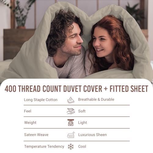 Pizuna Pure 100% Cotton King Size Duvet Cover Sets with King Size Fitted Sheets Simply Taupe, 400 Thread Count Long Staple Cotton Bedding Set, Soft Sateen Quilt Cover Set & 40 cm Deep Fitted Sheets - Image 4