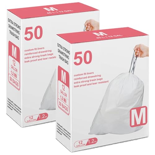 Code M - Bolsas de basura resistentes de 1.2 mil de grosor, 12 galones/45 litros, paquete de 2 bolsas de basura con cordón compatibles con Simplehuman Code M, bolsas de basura de plástico resistentes