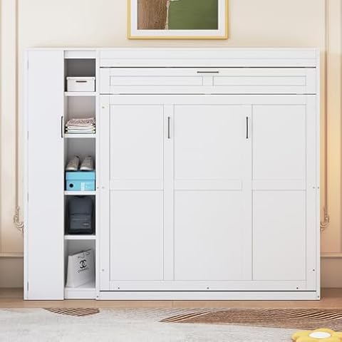 P PURLOVE Murphy Bed Queen, Wood Wall Bed with Shelves, Wardrobe and LED Lights, No Box Spring Needed (White) Cover