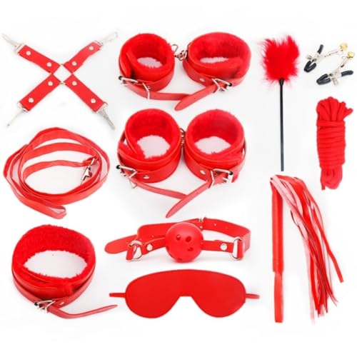 10 Pcs Sex Bondage BDSM Kit Restraints Adult Sex Toys for Couples Neck to Wrist SM Gear & Accessories Game Sets with Adjustable Handcuffs Ankle Thigh Cuff Cross Waist Strap Sweater 34572(Red)
