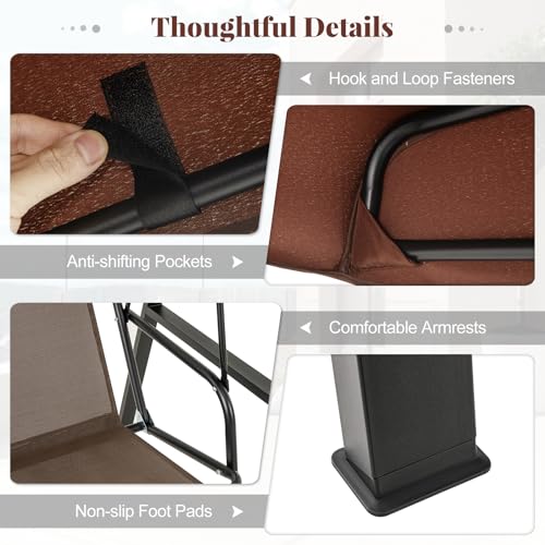 Image of HAPPYGRILL 2-Person Porch Swing, Outdoor Loveseat Swing with Adjustable Canopy & Heavy-Duty Metal Frame, Cushioned Swing with Stand for Porch, Backyard, Garden (Brown)