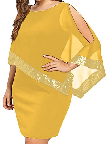 shownicer Vestiti Donna Elegante Girocollo Abito con Mantella in Chiffon Taglie Forti Vestiti da Cerimonia Cocktail Sera A Giallo M
