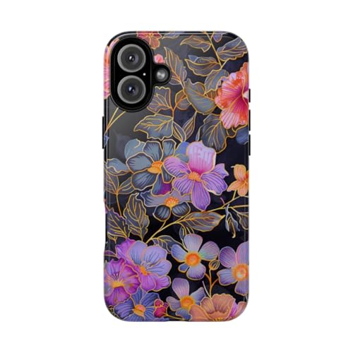 Coque fleurie iPhone 16 Plus motif floral vibrant noir pour le quotidien