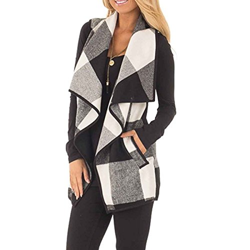 Women Color Block Sleeveless Lapel Pocket Plaid Waistcoat Jacket Cardigan S Big Plaid-Black