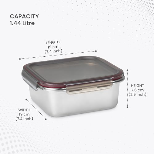 Image of MILTON New Modulo Steel Square 1500 Container with lock lid|Airtight & Leakproof|Microwave & Oven safe| Light Weight | School, Office or Picnic use, 1440 ml, Silver