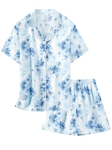Image of Schbbbta Women Pajamas Set, 2 Pieces Satin Silk Button Down Pjs Short Sleeve Outfits Loungewear
