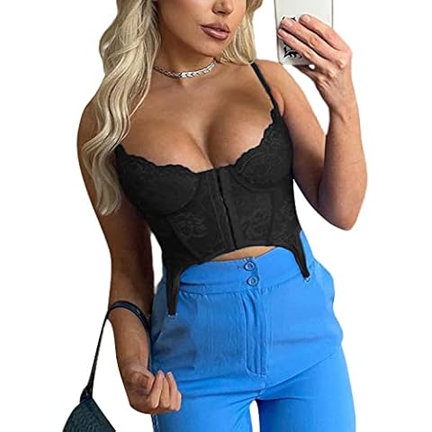 Sunfanrtnn Women's Y2k Lace Corset Tops Sleeveless Spaghetti Strap Bustier Cami Tanks Push Up Corset Crop Top Vintage Streetwear Cover
