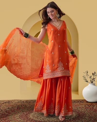 Image of Amazon Brand - Tavasya Women Silk Blend Zari Sequin EmbroideKurta with Sharara and Dupatta Set|Ethnic Wear (PHSKS1737 VBT 2XL)