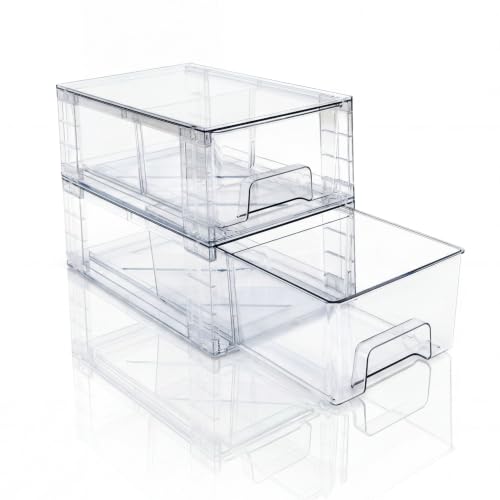 XWYWX Lot de 2 Tiroirs de Rangement Empilables Transparent Petit Modèle, Organisateurs Acrylique avec Poignées, pour Réfrigérateur, Salle de Bain, Cuisine,...
