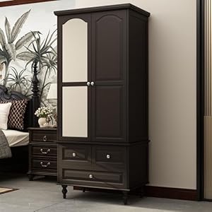 Hitow 2 Door Wardrobe Armoire Closet with Mirror, Retro Wardrobe Cabinet with 3 Drawers & Hanging Rod, Bedroom Armoire Dresser Wardrobe Clothes Organizer, Type B Espresso (31.5″ W x 19.7″ D x 70.9″ H)