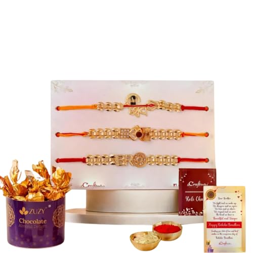 Image of eCraftIndia Set of 3 Lord Shiva, Om, Bro Designer Religious Rakhis for Brothers with Chocolate, Zuzy Almond Choco Box, Roli Chawal Pack, Raksha Bandhan Greeting Card